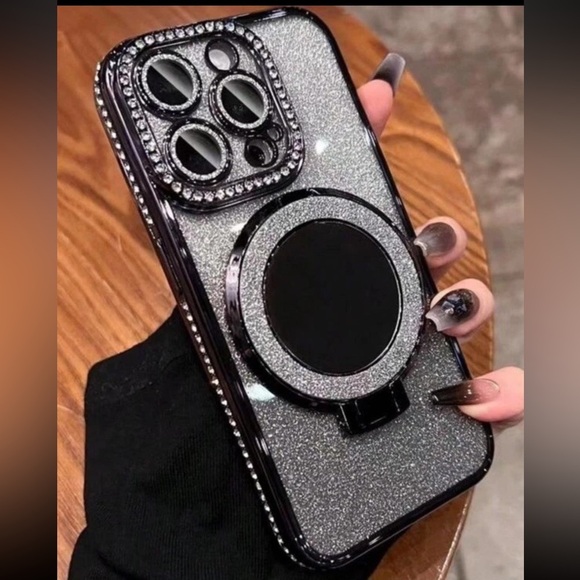 Black Glitter iPhone 14 Pro Max Case with Ring Holder - Picture 2 of 7